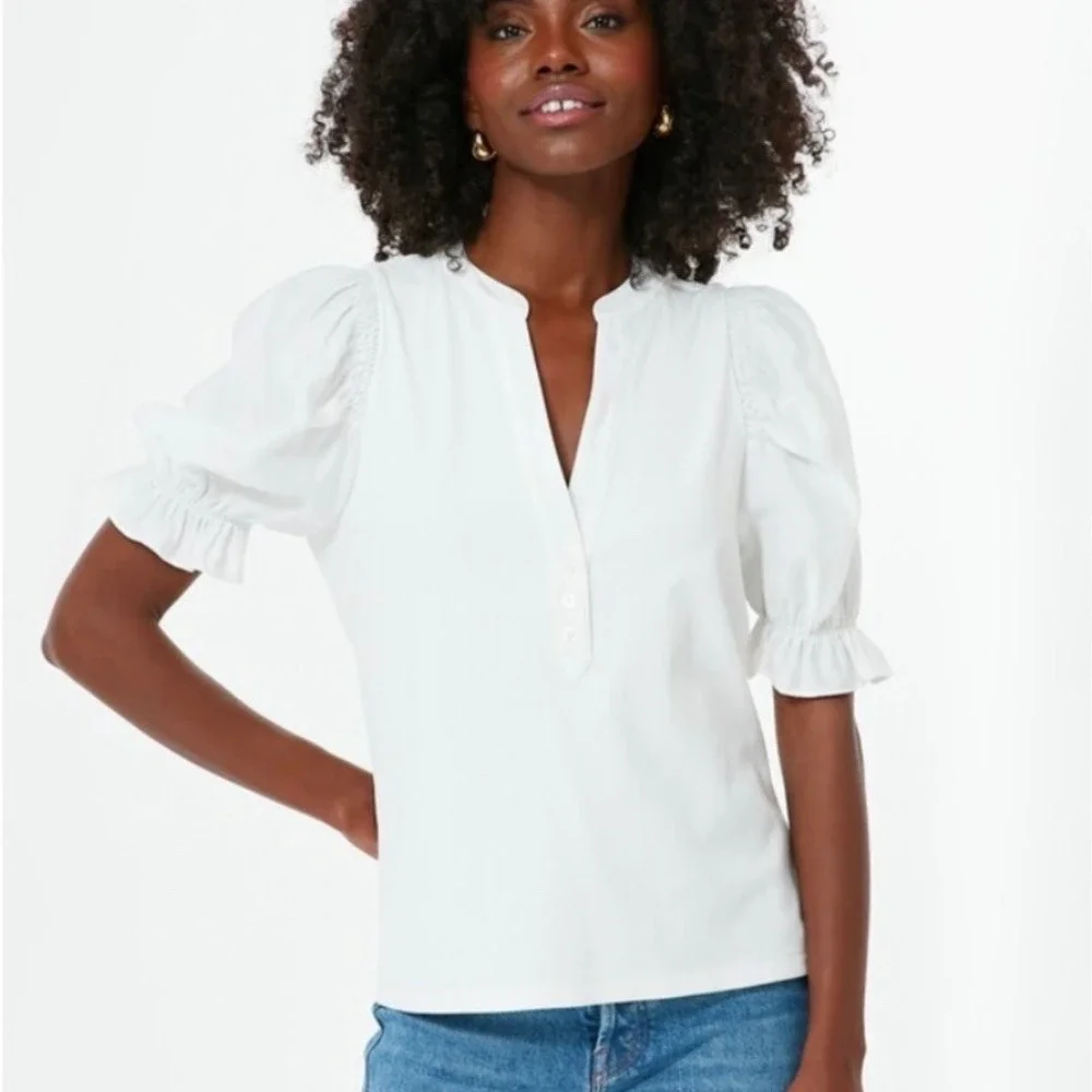 Pomander Place White Livia Puff Sleeve‎ V Neck Top SZ  XXL Costal Minimalist